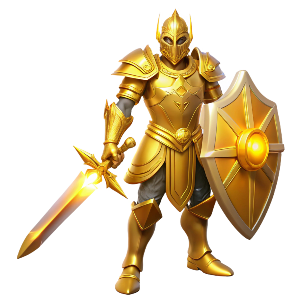Golden Knight A 3D Render of a Warrior in Shining Armor with Sword and Shield png