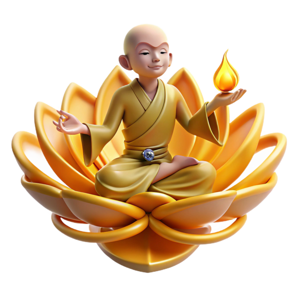 Enlightenment 3D Render of Monk in Lotus Flower with Flame png