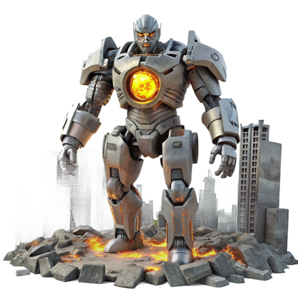 Giant Robot Amidst City Destruction A Post Apocalyptic Scene png