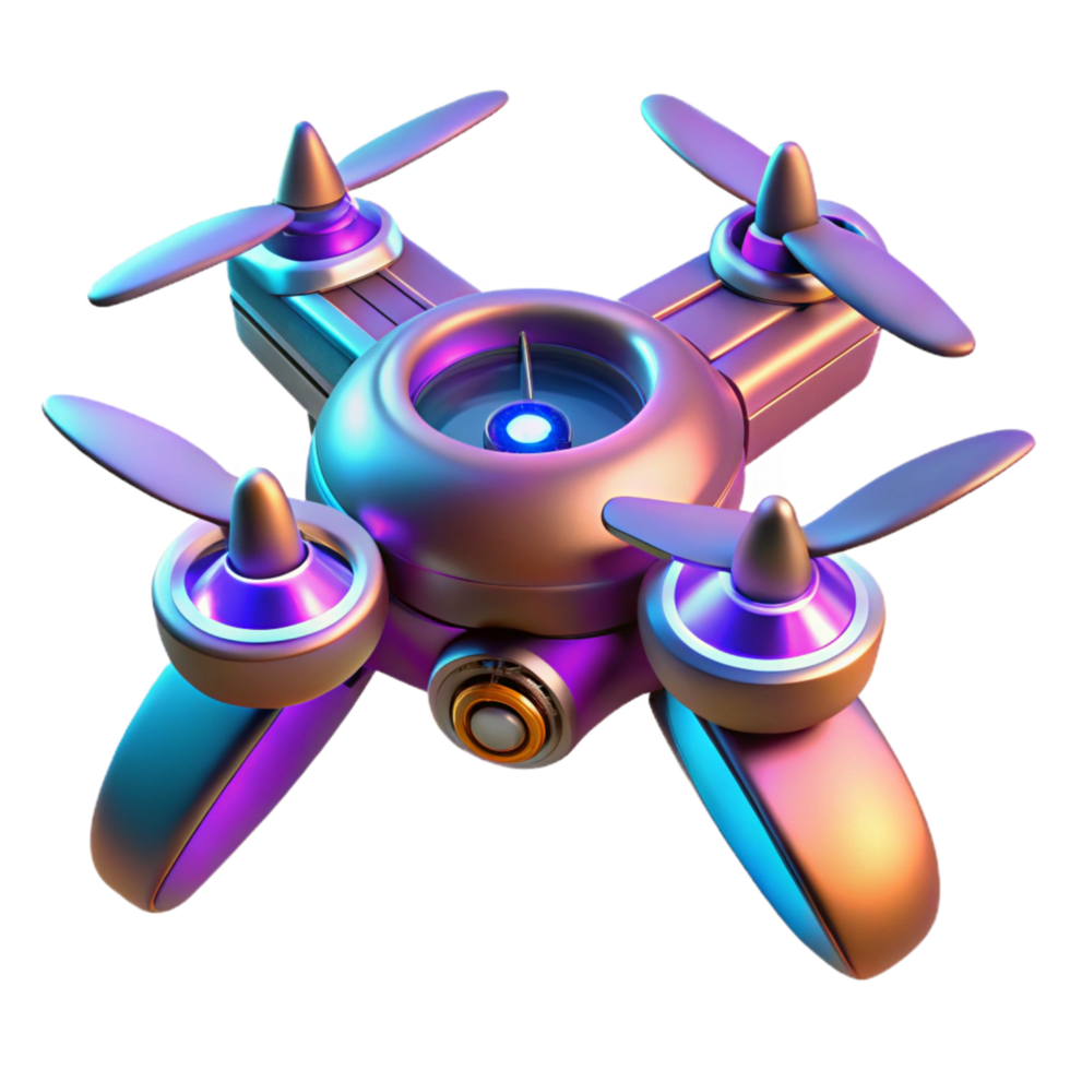 Futuristic Drone Design Quadcopter with iridescent finish and propeller technology png