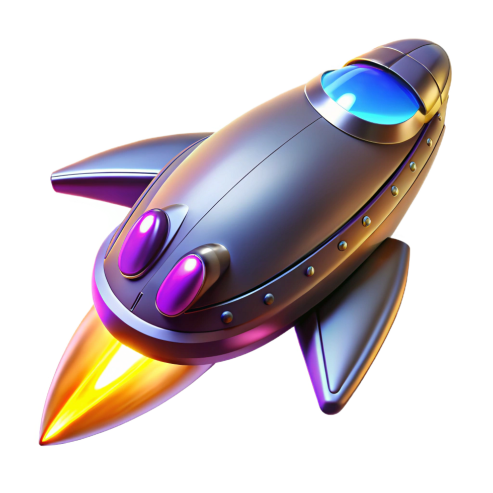Futuristic Spaceship A 3D Render of a Retro Rocket Ship in Flight png