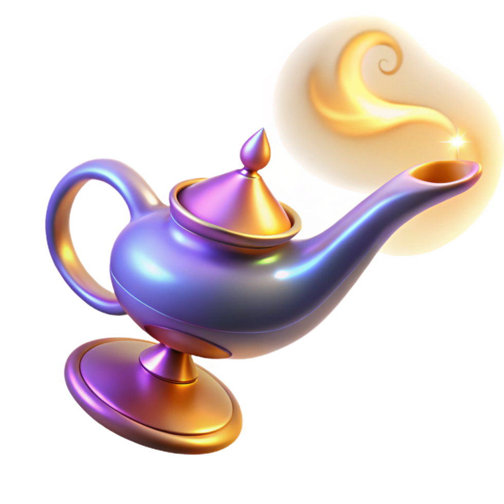 Magic Lamp Illuminated Vessel, Mystical Smoke, Sparkling Genie, Wish Granting, Antique Lamp, Ornate Design, Golden Accents, Purple Hues, Fantasy Object png