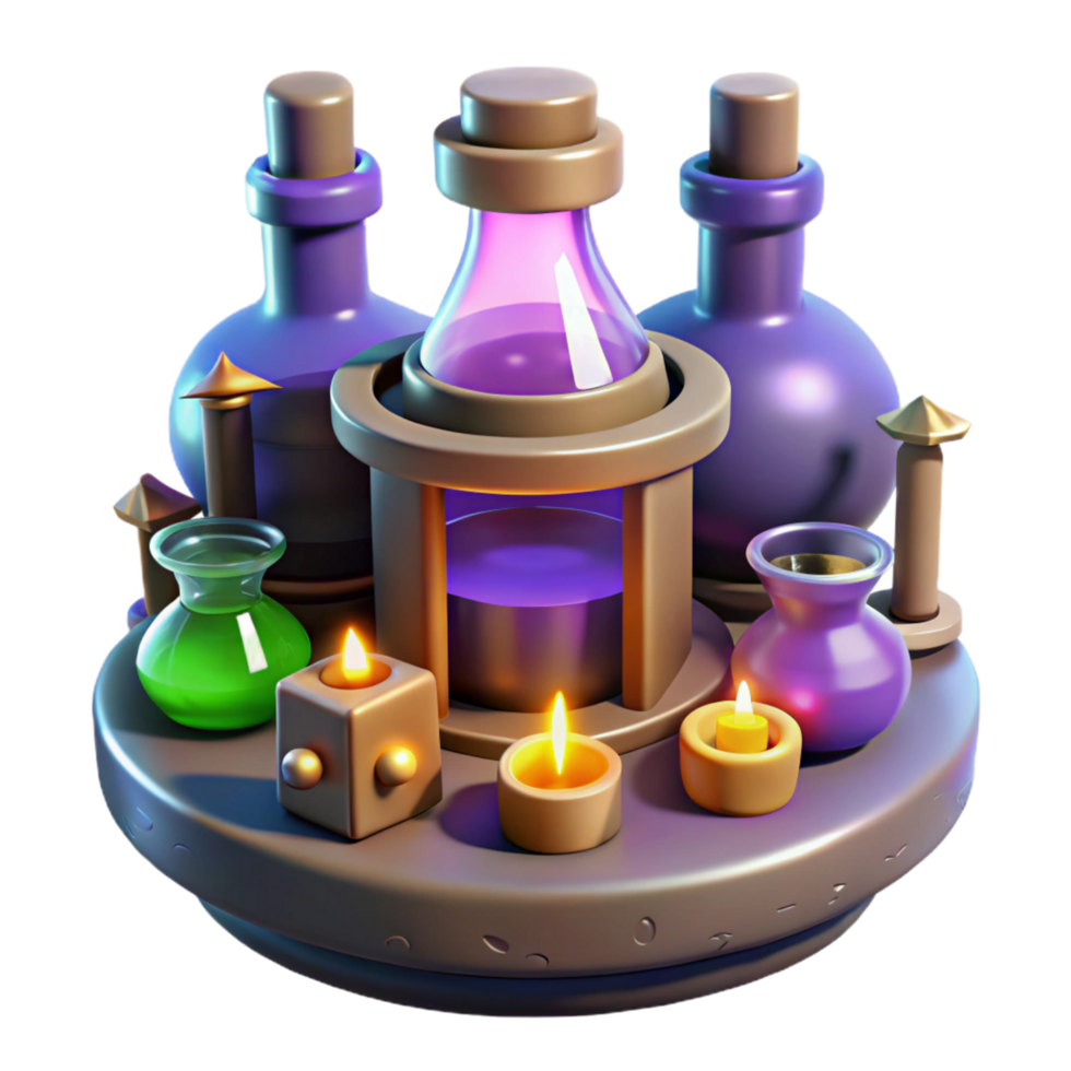 Mystical Potion Making Setup A 3D Render of Candles, Flasks, and Elixirs png