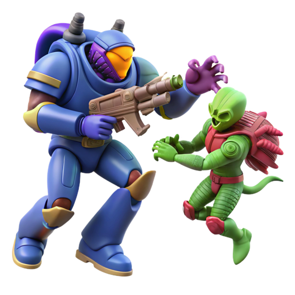 Sci Fi Action Figure Showdown Armored Combatant vs. Alien Creature png
