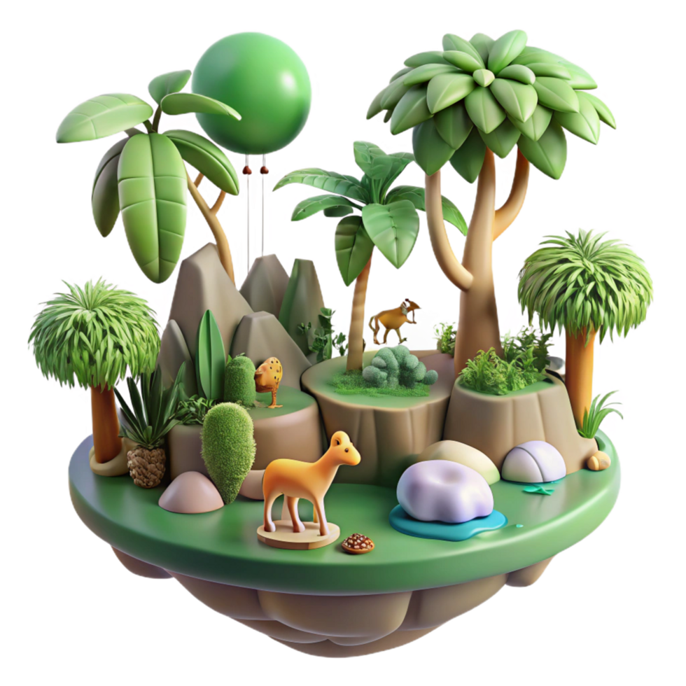 3D Render of a Miniature Island Ecosystem with Diverse Flora and Fauna png