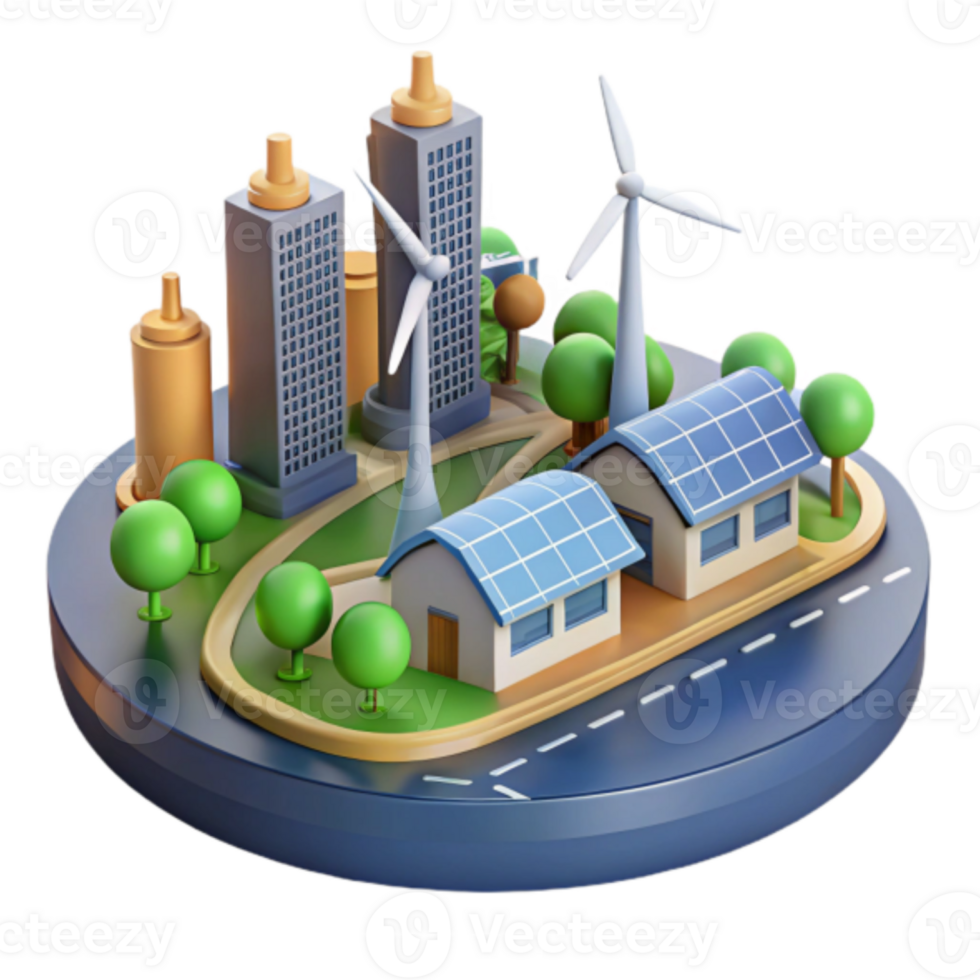 Eco-Friendly Cityscape Illustration Sustainable Urban Development with Wind Turbines and Solar Panels png