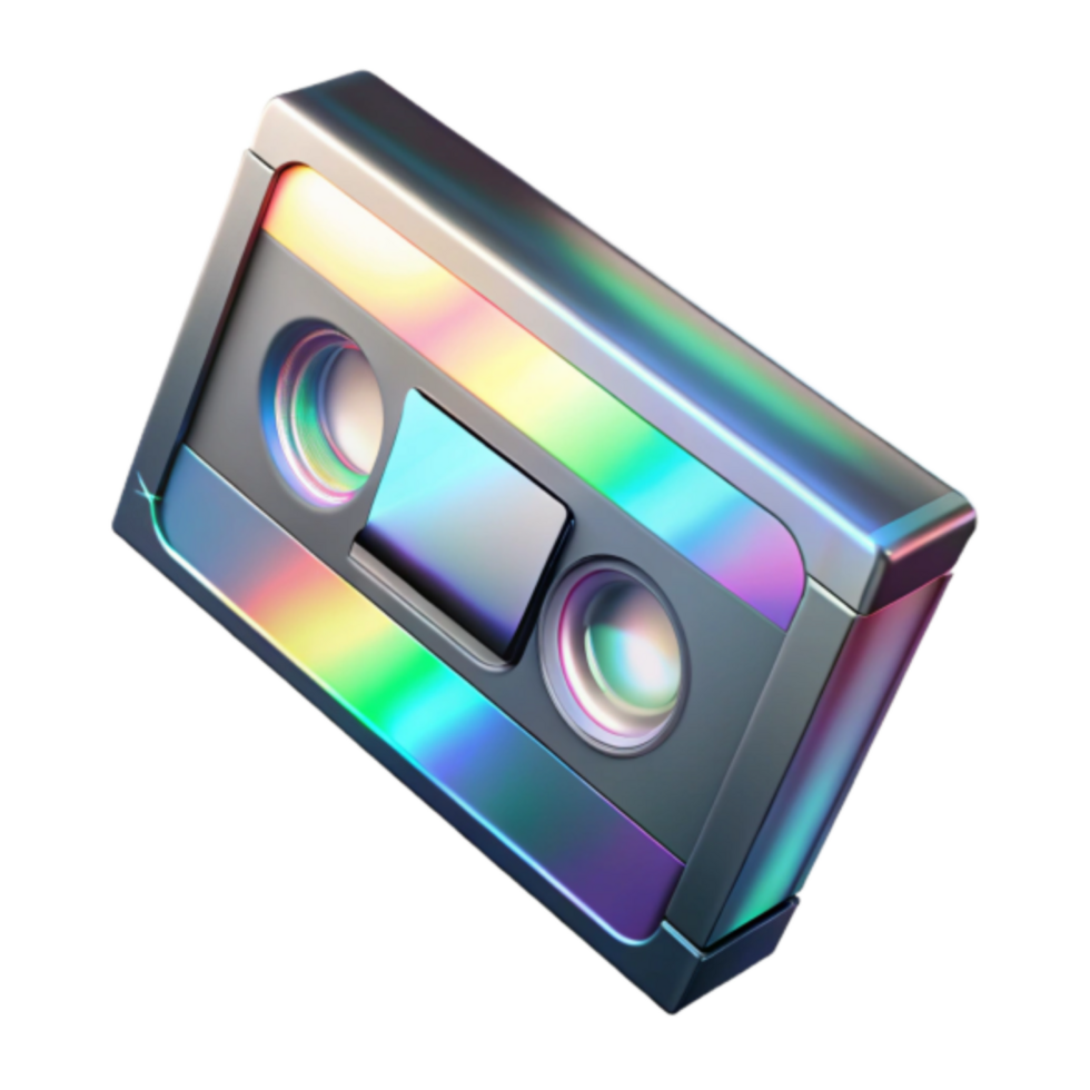 Holographic Cassette Tape Render, Iridescent Audio Cassette, Retro Music Technology Illustration png