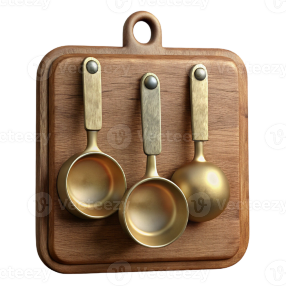 Render Golden Measuring Spoons on Wooden Board Illustration png