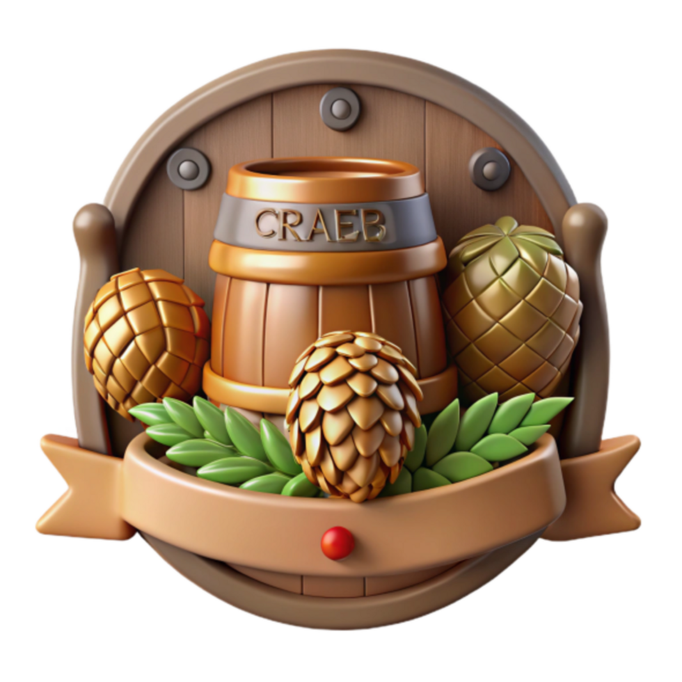 3D Render of Wooden Barrel with Hops and Pine Cones A Festive Brewery Emblem Illustration png