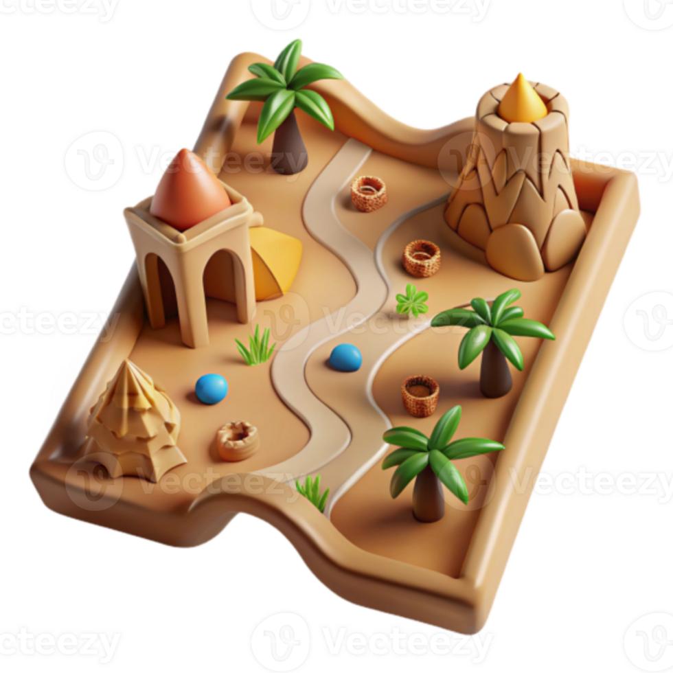 Whimsical 3D Desert Oasis Illustration Palm Trees, Buildings, and Winding Path png