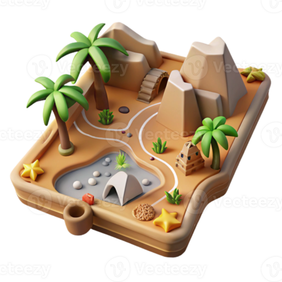 3D Render Oasis Game Board Illustration Desert Landscape with Palm Trees, Mountains, and Ancient Ruins png