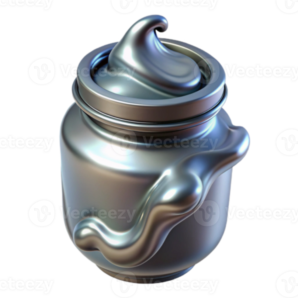Metallic Jar 3D Render, Iridescent Substance, Glossy Texture, Abstract Background, Silver Swirl, Liquid Metal, Jar Illustration, Overflowing Jar, Shiny Surface, Smooth Cream, Realistic 3D Jar png