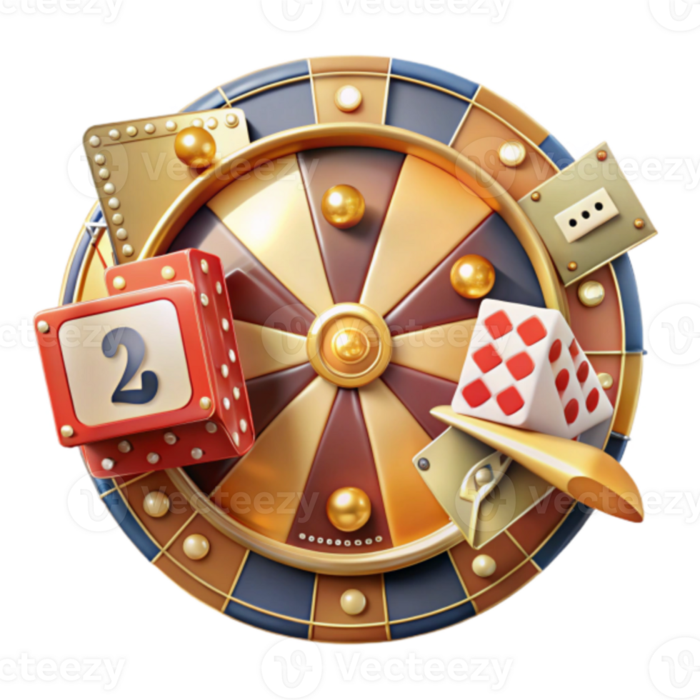 3D Illustration Golden Wheel of Fortune with Dice and Number Cube png