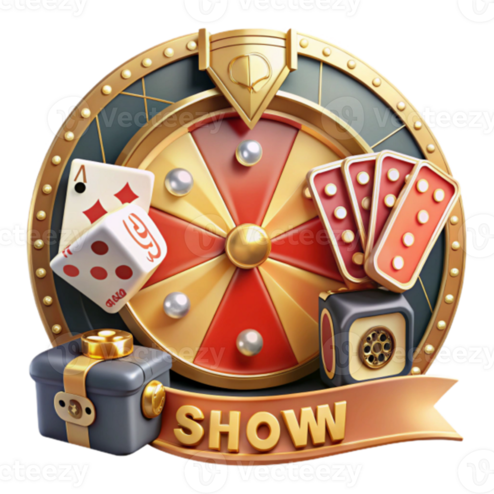 3D Illustration of a Casino Wheel of Fortune with Dice, Cards, and Dominoes png