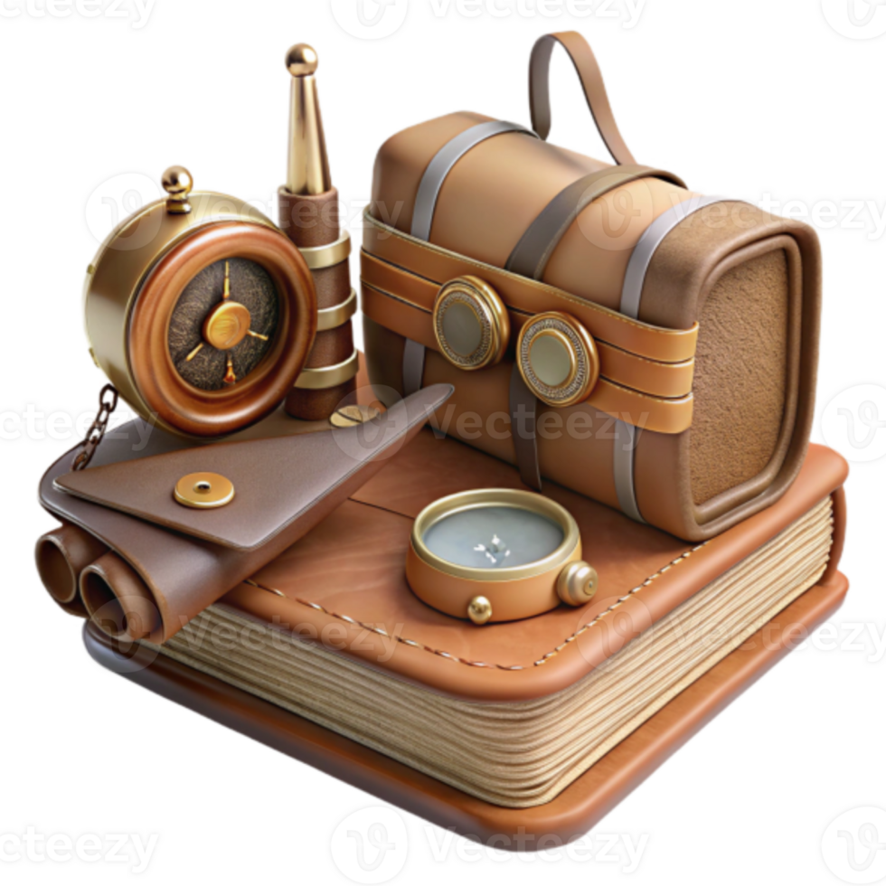 3D Illustration of Vintage Travel Book with Compass, Spyglass and Leather Bag png