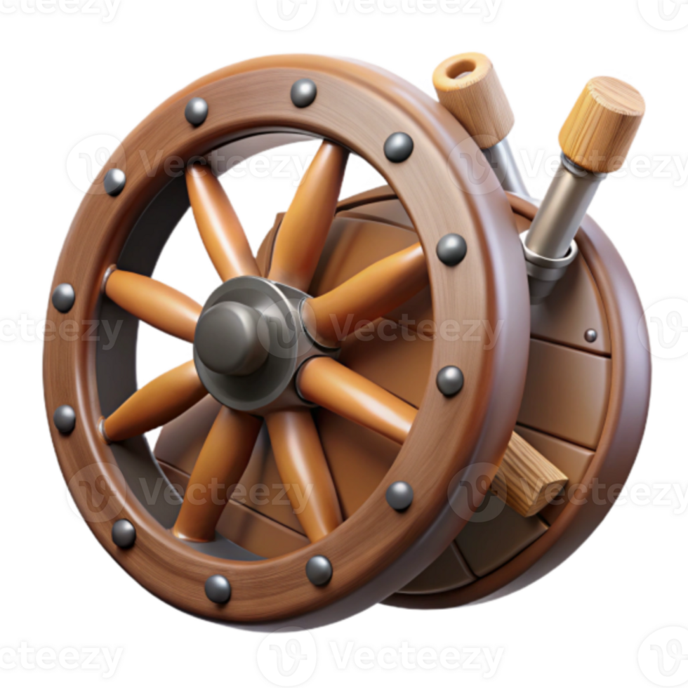 Wooden Wheel 3D Render Vintage Spoked Wheel Design, Game Asset, Detailed Texture, Realistic 3D Model, High-Resolution Image, Brown Wooden Wheel, Game UI Element png