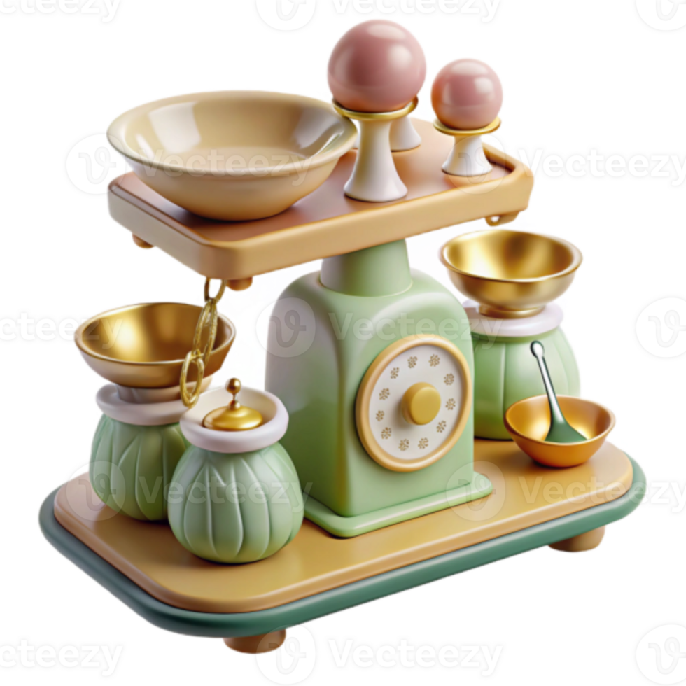 Charming 3D Render of Vintage Kitchen Scale with Bowls and Weights png