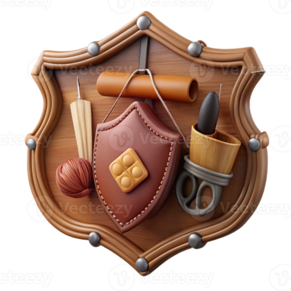 Wooden Shield Craft Tools 3D Illustration A Detailed Artisan's Display png