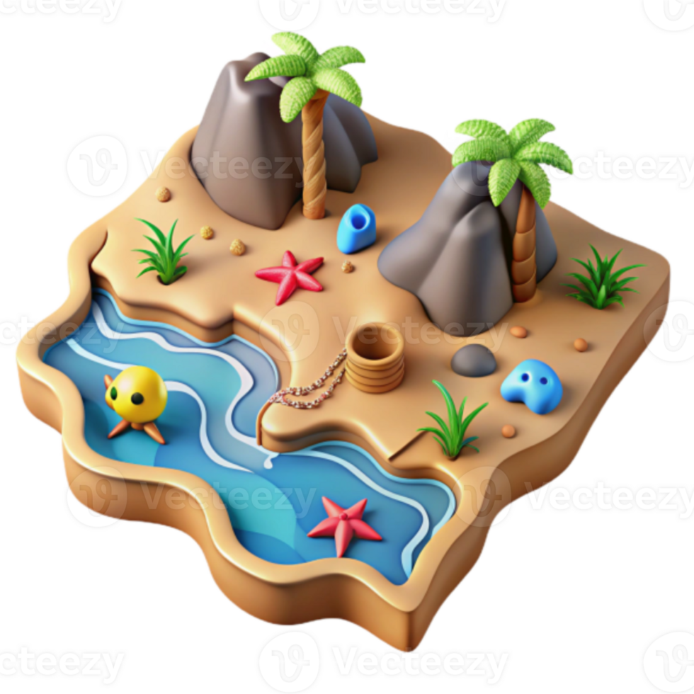 3D Render Tropical Island Scene Palm Trees, Sandy Beach, Starfish, Ocean, Treasure, Cartoon Style png