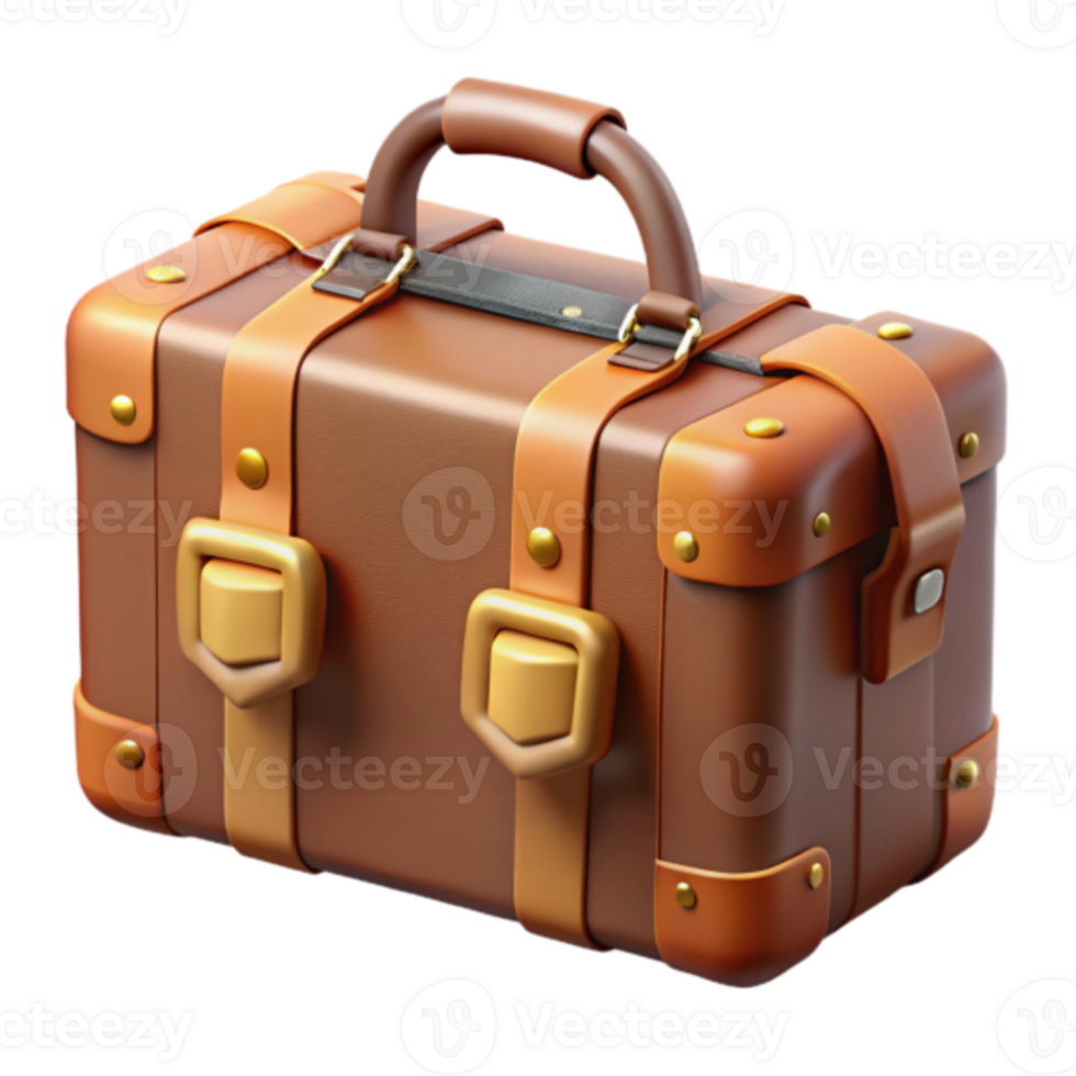 Vintage Suitcase 3D Render Brown Leather Travel Bag Luggage Illustration png