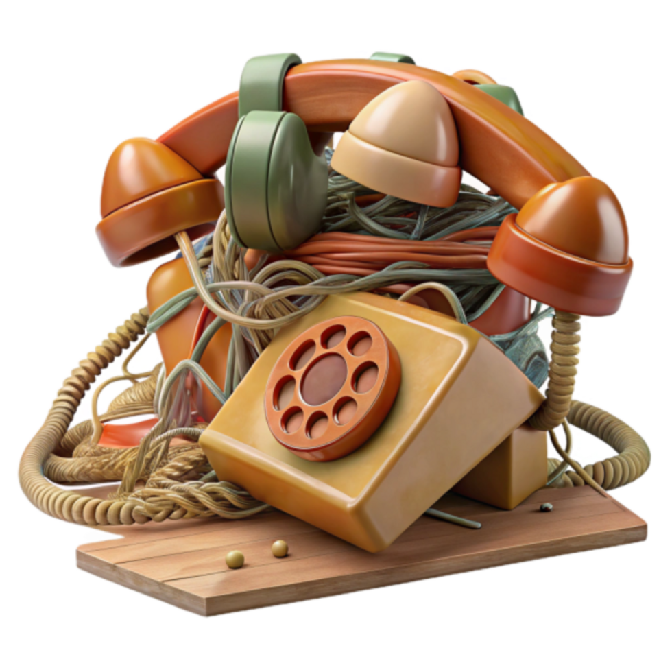 Tangled Telephones 3D Illustration A Whimsical Retro Communication Chaos png