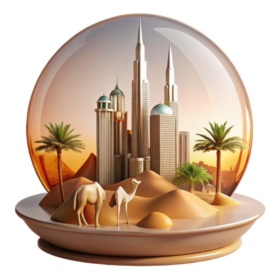 3D Glass Globe Desert Cityscape Illustration Camels, Skyscrapers, Palm Trees, and Sands png