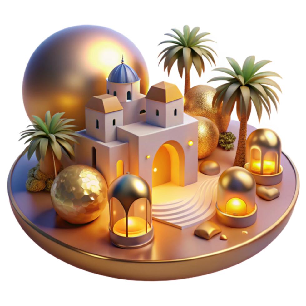 Golden Oasis 3D Render Illuminated Architectural Marvel with Palm Trees and Geometric Spheres png