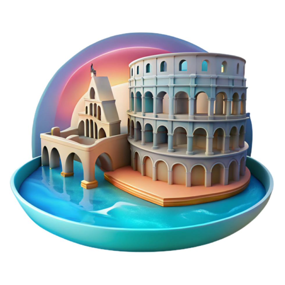 3D Render of Iconic Roman Architecture Colosseum and Ancient Building by the Water png