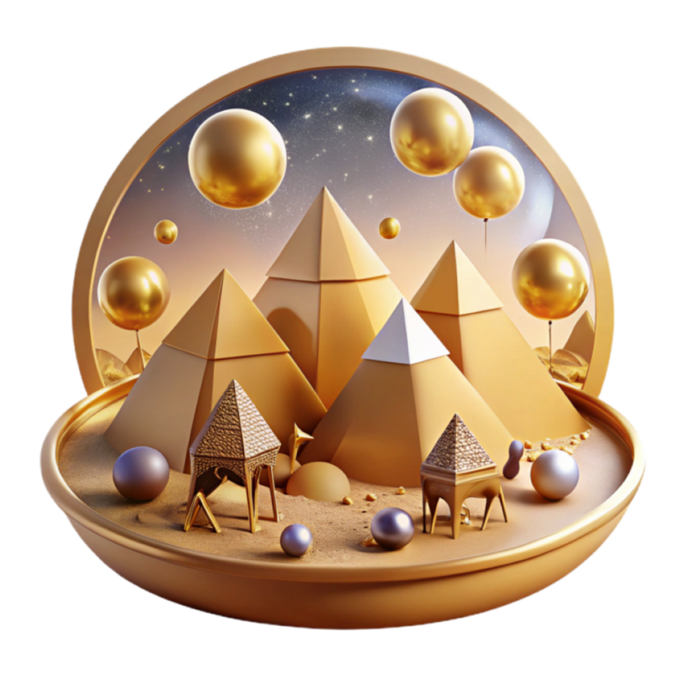 Golden Pyramids 3D Illustration Abstract Background of Desert Landscape with Geometric Shapes and Celestial Elements png