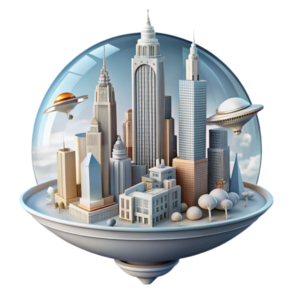 3D Render Cityscape in a Glass Dome on a Spinning Top Illustration png