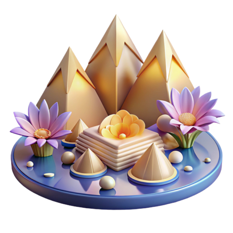 Golden Mountainscape 3D Illustration Abstract Floral Scene with Geometric Peaks and Pastel Flowers png