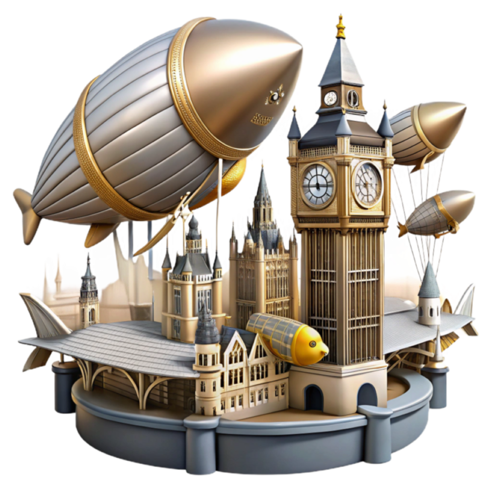 3D Illustration London Skyline with Airships A Whimsical Architectural Masterpiece png