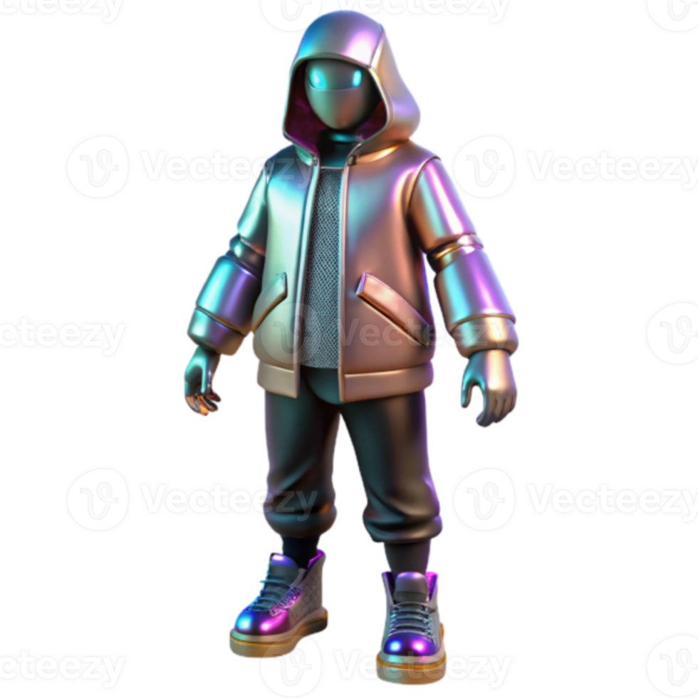 Iridescent 3D Render of a Futuristic Hooded Figure png
