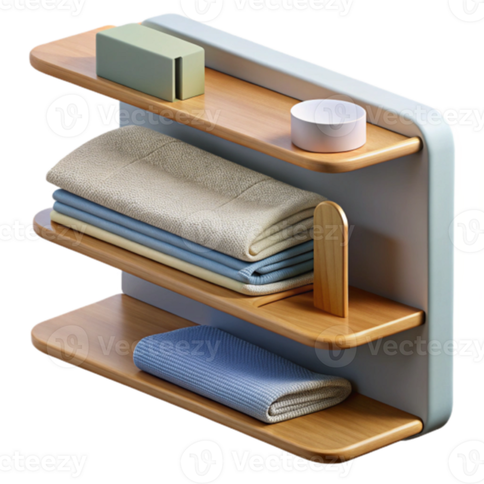 3D Render of Wooden Shelves with Folded Towels and Small Objects png