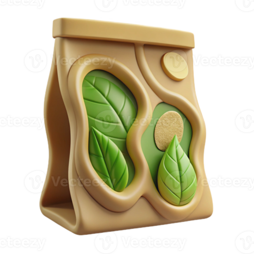 3D Render of a Tea Bag Packaging Illustration with Green Leaves png