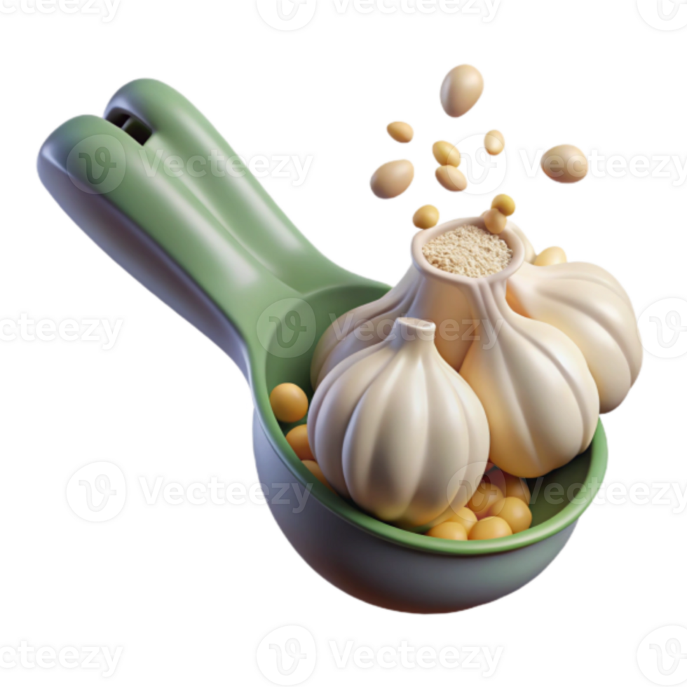 3D Illustration of Garlic Bulbs and Soybeans in a Scoop png