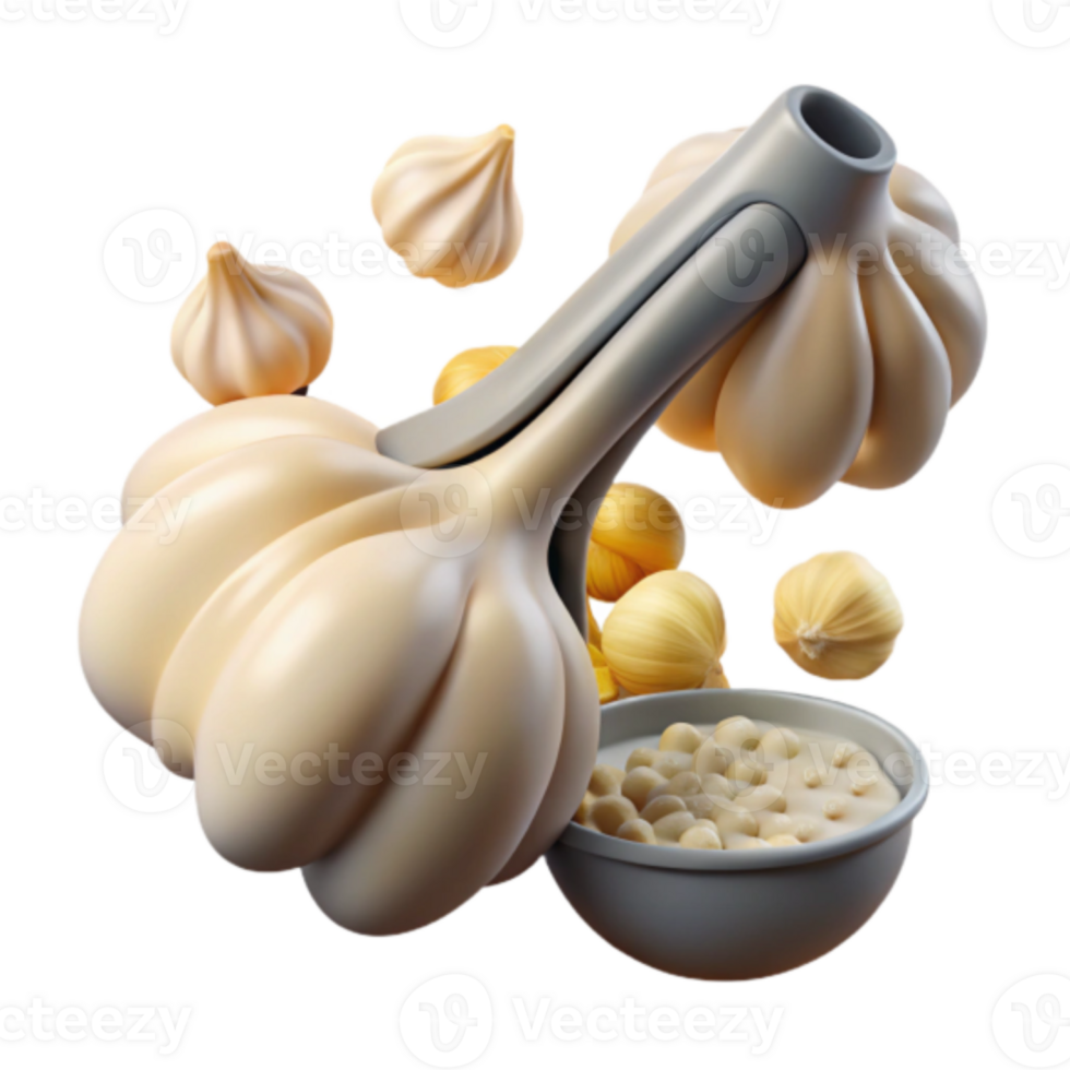 3D Render of Garlic Bulb with Press and Creamy Garlic Paste png