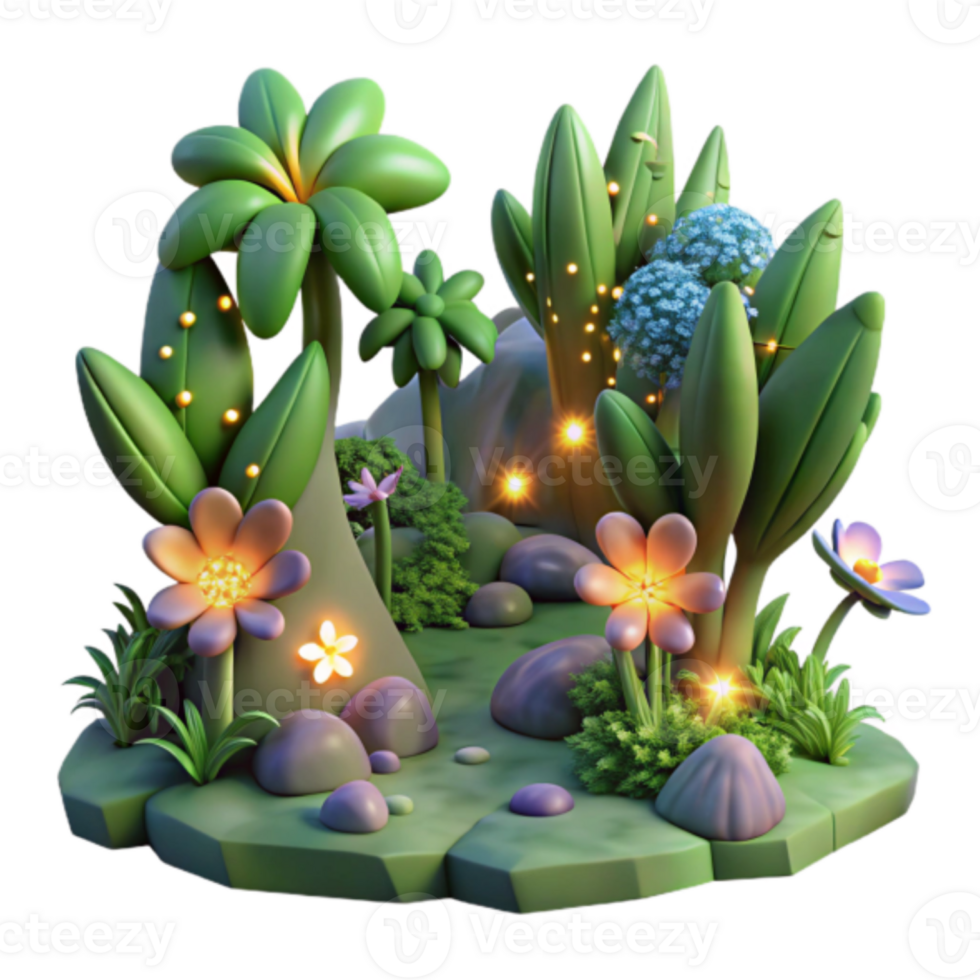 Enchanted 3D Garden Illustration Lush Plants, Glowing Flowers, and Firefly Magic png