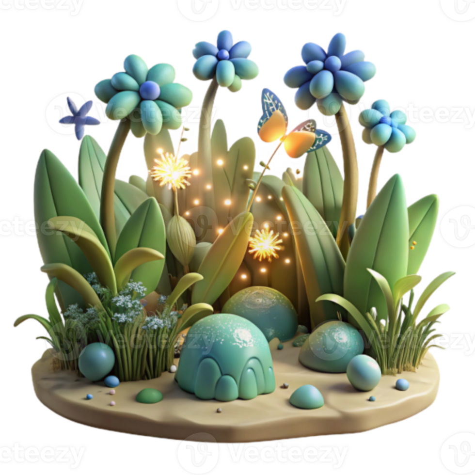 Enchanted 3D Garden Illustration Magical Flowers, Glowing Dandelions, and a Butterfly png