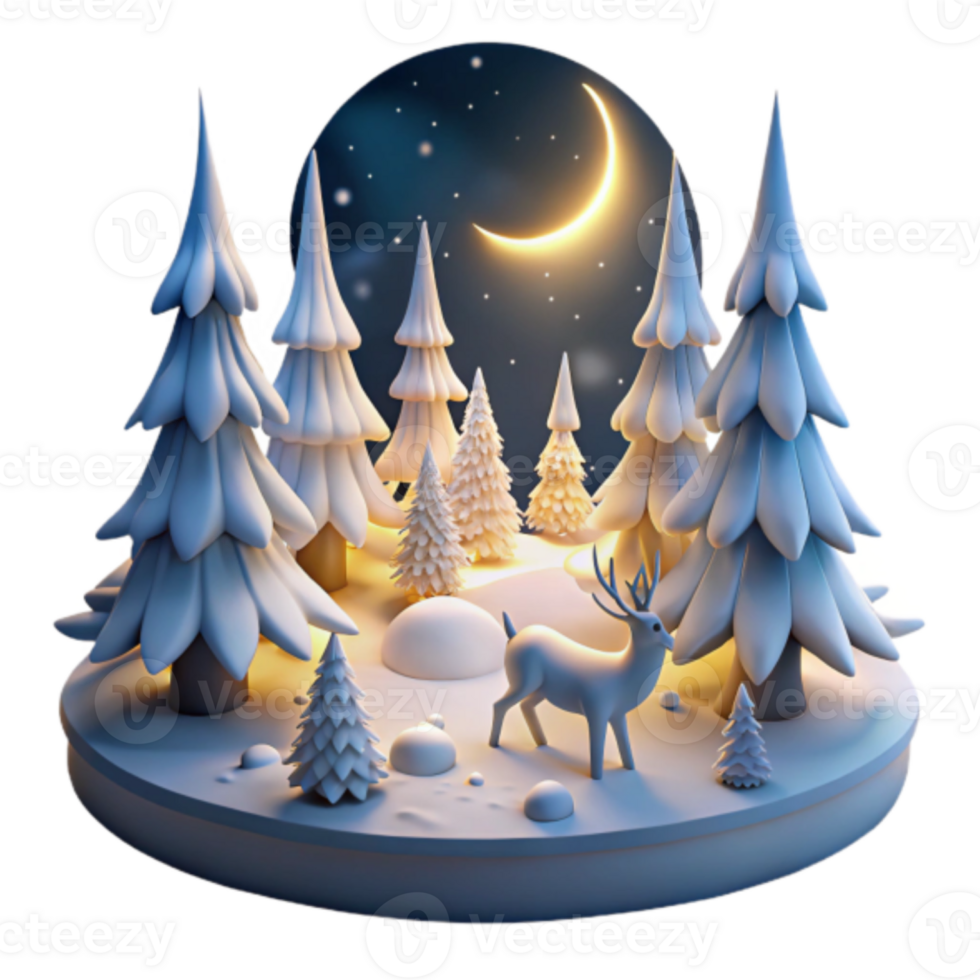 Winter Wonderland 3D Render Snowy Forest Scene with Crescent Moon and Reindeer png