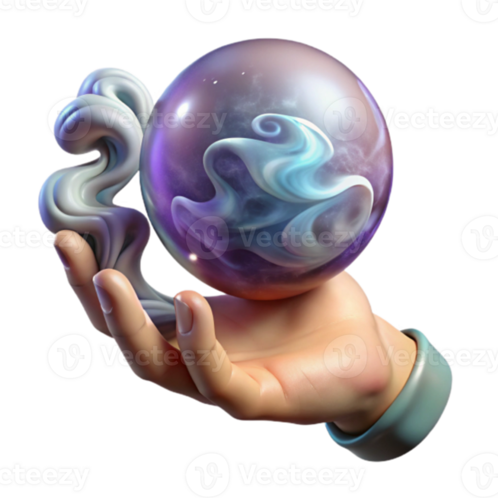 3D Render of Hand Holding Mystical Crystal Ball with Swirling Nebula png