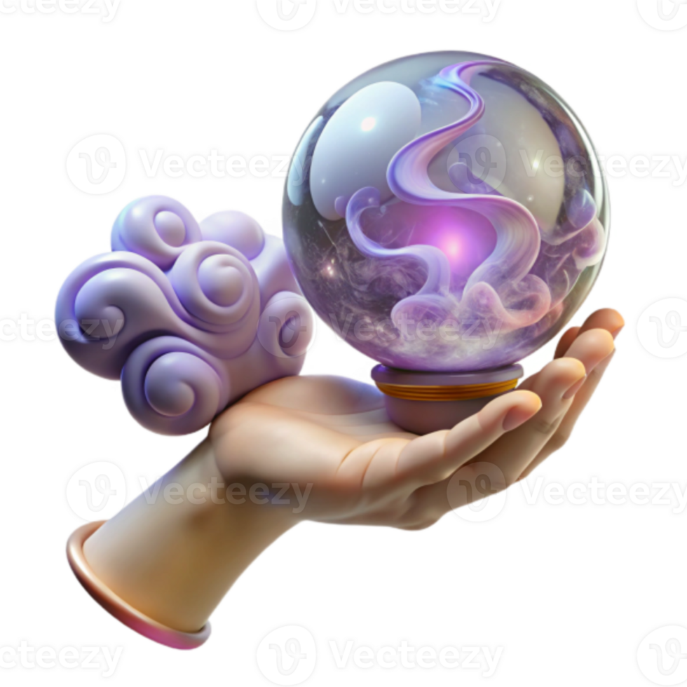 Mystic Crystal Ball 3D Render Illustration Enchanting Purple Nebula Swirls in a Hand png