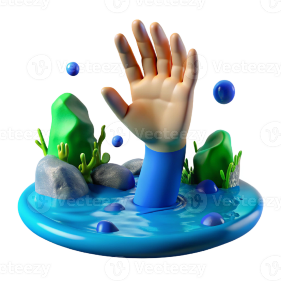 3D Illustration Hand Reaching from Water, Cartoon Style Aquatic Scene png