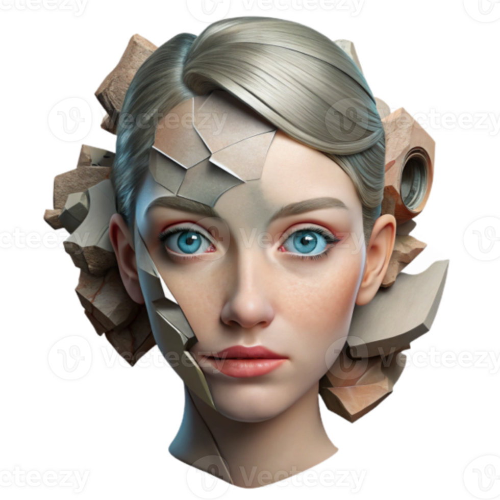 Shattered Beauty 3D Digital Art A Delicate Portrait of a Woman with Fractured Face and Stone Fragments png