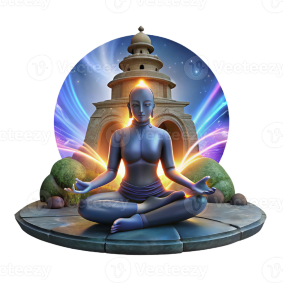 Serene 3D Illustration of a Meditator before Ancient Architecture png