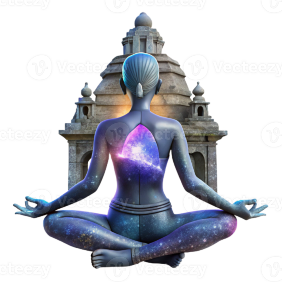 Cosmic Yoga 3D Illustration Serene Figure in Lotus Pose Before Ancient Temple png