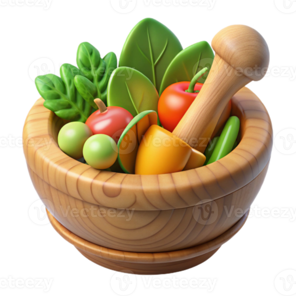 Vibrant 3D Render of Wooden Mortar and Pestle with Fresh Produce png