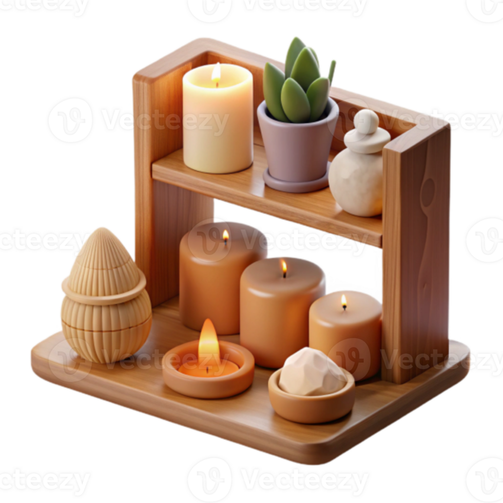 Serene Spa Setting 3D Illustration Candles, Succulents, and Wooden Shelf png