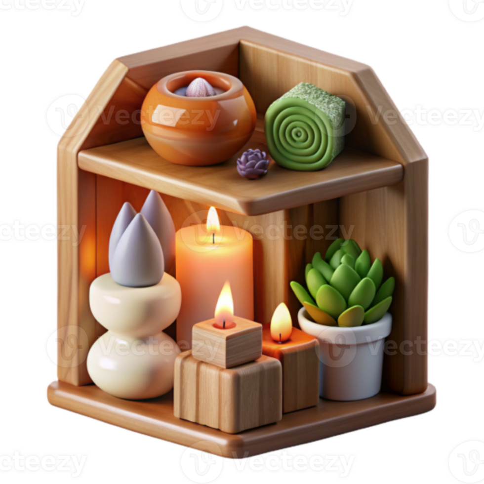 Serene Spa Setting 3D Render Illustration Wooden Shelf with Candles, Succulents, and Aromatherapy Items png