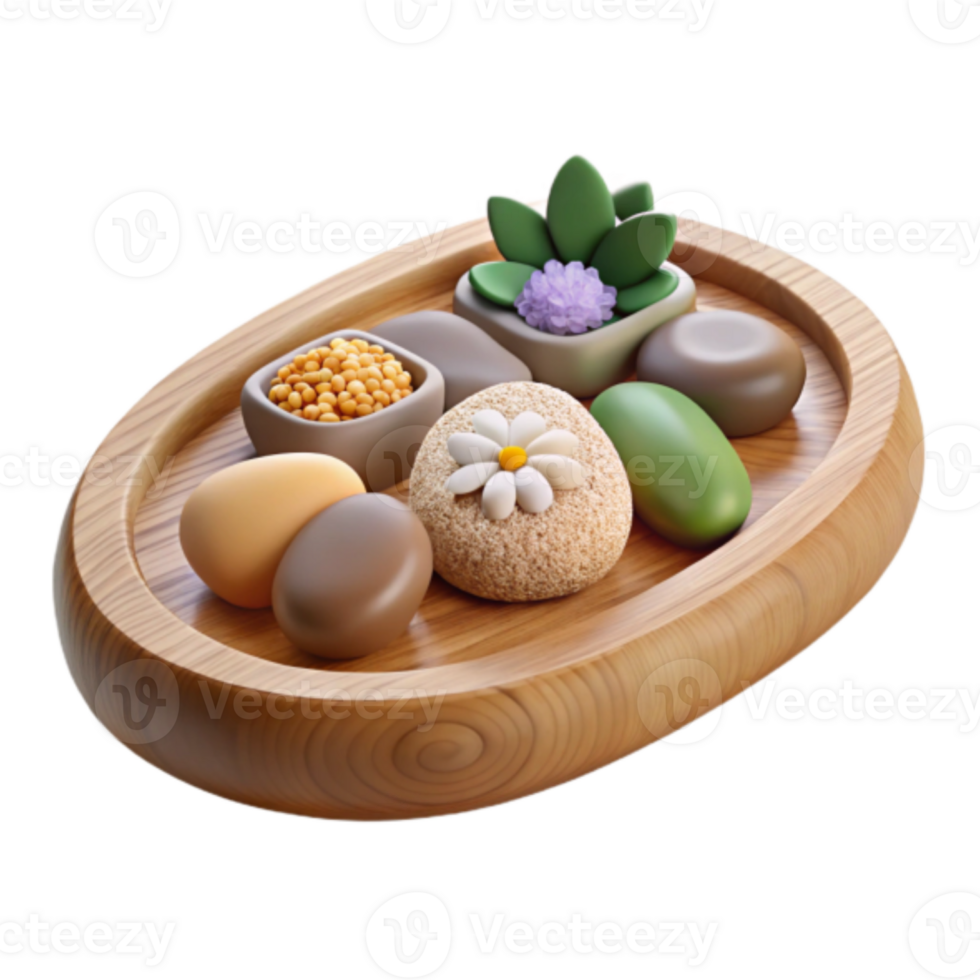 Spa Day Serenity 3D Render Wooden Tray with Stones and Flowers png